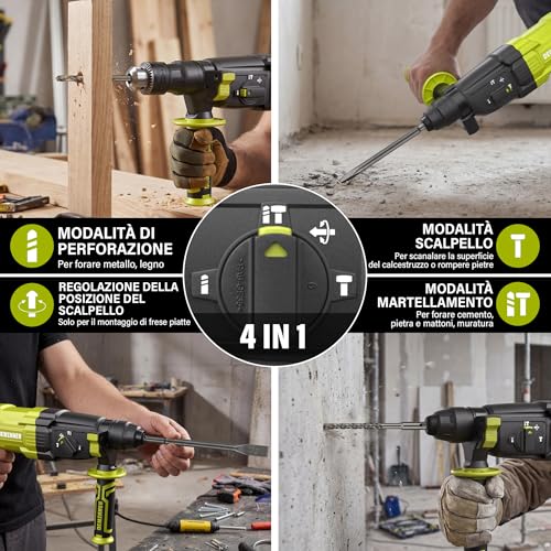DEWINNER Hammer Punch 1100 W 3.4 J, 0-1500 RPM/5500 BPM with 4 Functions and Safety Clutch, 20 Accessories Including Concrete Hole Saws, Variable Speed, Concrete, Steel, Wood