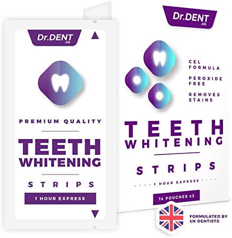 Teeth Whitening Strips by DrDent | 1 Hour Express | No Sensitivity | Peroxide-Free | 3D Teeth Whitening Kit (28 Whitening Strips) | 100% Money Back Guarantee