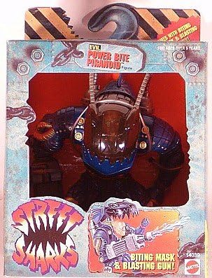 Mattel Street Sharks Ecil Power Bite Piranoid Biting Mask and Blasting Gun!