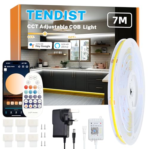 TENDIST White COB LED Strip Light WiFi Alexa Compatible, 3000k to 6500k Warm White to Cool White Dimmable Ultra Bright COB Strip, Cabinets Lighting with Remote and App for Kitchen, Bedroom (7M)
