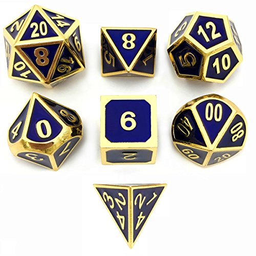 Set of 7 Metal Dice Shiny Gold Finish with Royal Blue Enamel Paint for RPG DND MTG Table Games