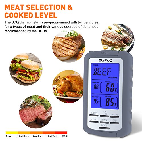 Sunavo Wireless Remote Cooking Meat Thermometer Digital with Large LCD and Timer Alarm for Grilling Oven Kitchen Smoker BBQ Grill with Dual Stainless Steel Temperature Probe
