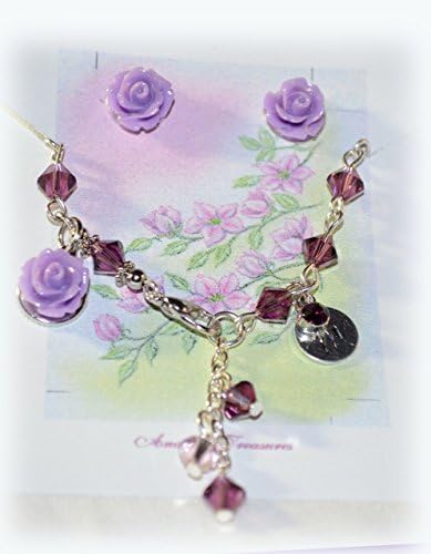 Flower Girl Bracelet in Amethyst Purple Swarovski Birthstone - Rose Earrings Set Jewelry- Hand Stamp Initials - Wedding / Birthday Gift~ 6 1/2