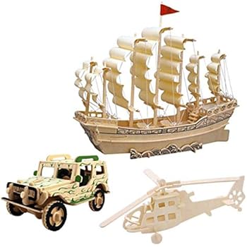 3D Wooden Puzzle Toy, Mini Ship Boat Model Puzzle Build Car Fighter Plane Model Kit Toy Best Gift for Adult and Children, 3 Set