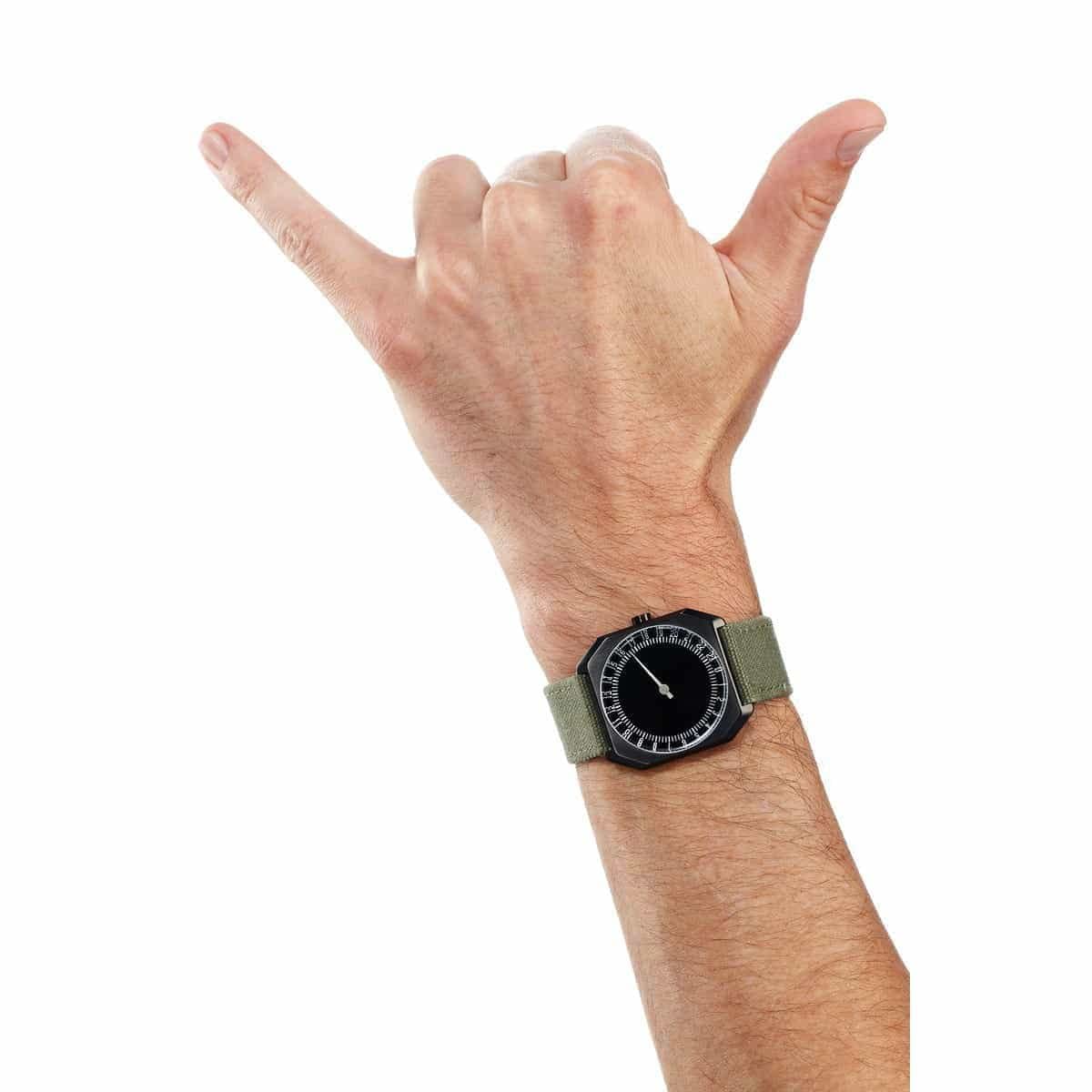slow Jo 15 - Swiss Made one-hand 24 hour watch - Black with olive grenn canvas band