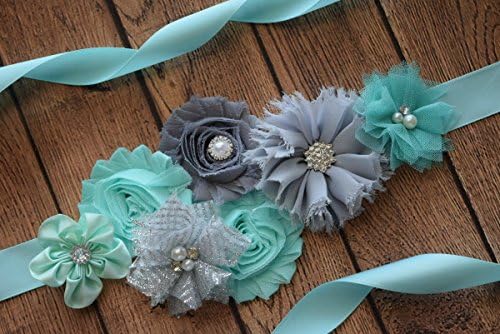 Flower Sash, aqua and grey Sash , flower Belt, maternity sash