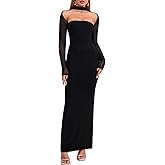 HTZMO Women Long Sleeve Bodycon Maxi Dress Halter Neck Ruched Elegant Wedding Guest Formal Long Dresses