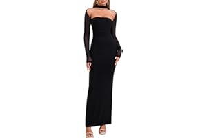 HTZMO Women Fall Long Sleeve Bodycon Maxi Dress Halter Neck Ruched Elegant Wedding Guest Formal Long Dresses