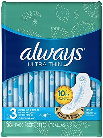 Always Ultra Thin Pads Size 3, Extra Long, Super Absorbency with Wings, Unscented, 38 Count - Pack of 2