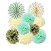 SUNBEAUTY Mint Cream Gold Paper Pom Poms Flowers 10pcs Gold Dot Paper Fans Collection Wedding Bridal Shower/ Bachelorette Party Decorations