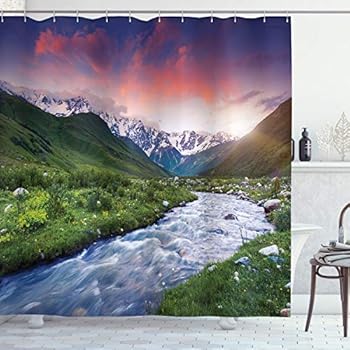 Ambesonne Asian Shower Curtain, Colorful Overcast Sky Skirts Mt. Shkhara Svaneti Georgia Caucasus Mountains, Cloth Fabric Bathroom Decor Set with Hooks, 84