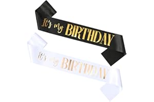 Docooniver 2 Pack It's my Birthday Sash for Women,Black and White Sashes with Gold and Rose gold Writing.