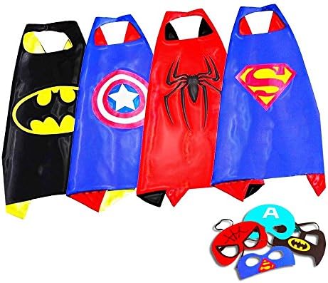 Superhero Capes Costumes For Kids, Girls &amp; Boys | Pretend Play 4 Satin Capes &amp; 4 Masks | For Halloween, Birthdays Party Favors, Dress Up
