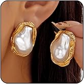 Big Pearl Earrings for Women White Baroque Pearl Stud Earrings Red Statement Earrings for Women Prom Wedding Jewelry