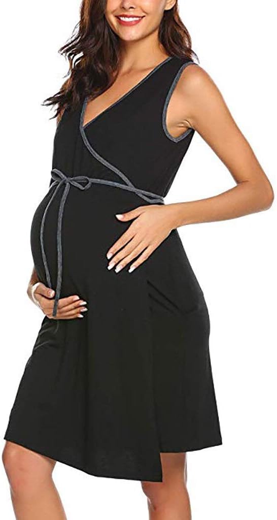 FEIFUSHIDIAN Women's Hoodie Maternity Care Sleeveless Dress Breastfeeding Pajamas Gowns Block Pull-up (Color : Black, Size : XXL)