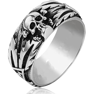 Retro distressed skull maple leaf ring, men's punk all-match street ring