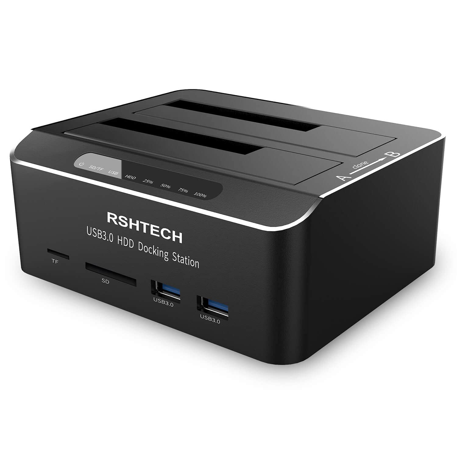 Photo 1 of ***(MISSING POWER CORD)*** Hard Drive Docking Station RSHTECH USB 3.0 Aluminum Dual Bay Hard Drive Dock for 2.5" & 3.5" SATA HDD SSD with SD/Micro SD Card Reader and Offline Clone/Duplicator Function Support 16TB Tool-Free