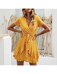 Annystore Vestido corto de cuello en V con volantes, con cinturón, para mujer