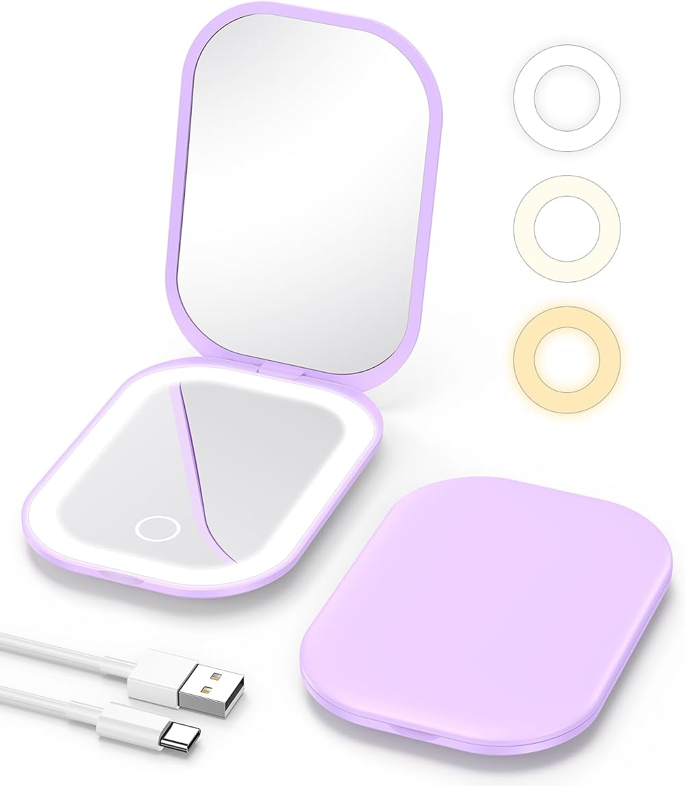 Gospire Lighted Compact Mirror Purple 1X/3X Magnification Three-Color LED