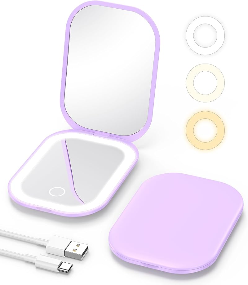 Gospire Lighted Compact Mirror Purple 1X/3X Magnification Three-Color LED