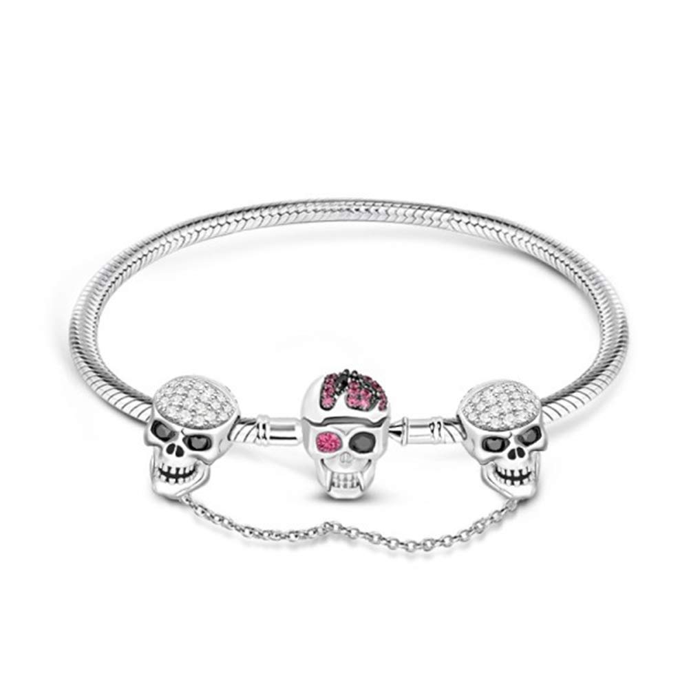 GNOCE Skull Charm Bracelet with Safety Chain Sterling Silver Snake Chain Basic Charm Bangle with Skull Clasp (6.7)