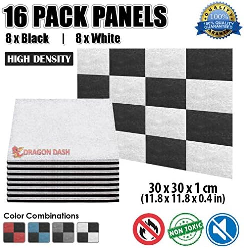 16 Pieces (8 BLACK and 8 WHITE) DragonDash Soundproofing Insulation Sound Deadening Acoustic Panel 30 x 30 x 1 cm (11.8 x 11.8 x 0.4 in) DD1093