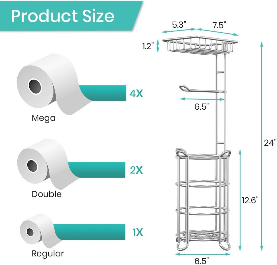 TreeLen Toilet Paper Holder Stand Toilet Tissue Roll Holder with Shelf for Bathroom Storage Holds Phone/Wipe/Mega Rolls-Shiny Chrome - - 