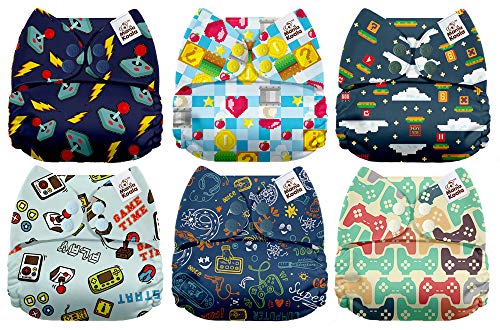 Mama Koala One Size Baby Washable Reusable Pocket Cloth Diapers, 6 Pack with 6 One Size Microfiber Inserts (Play Game)