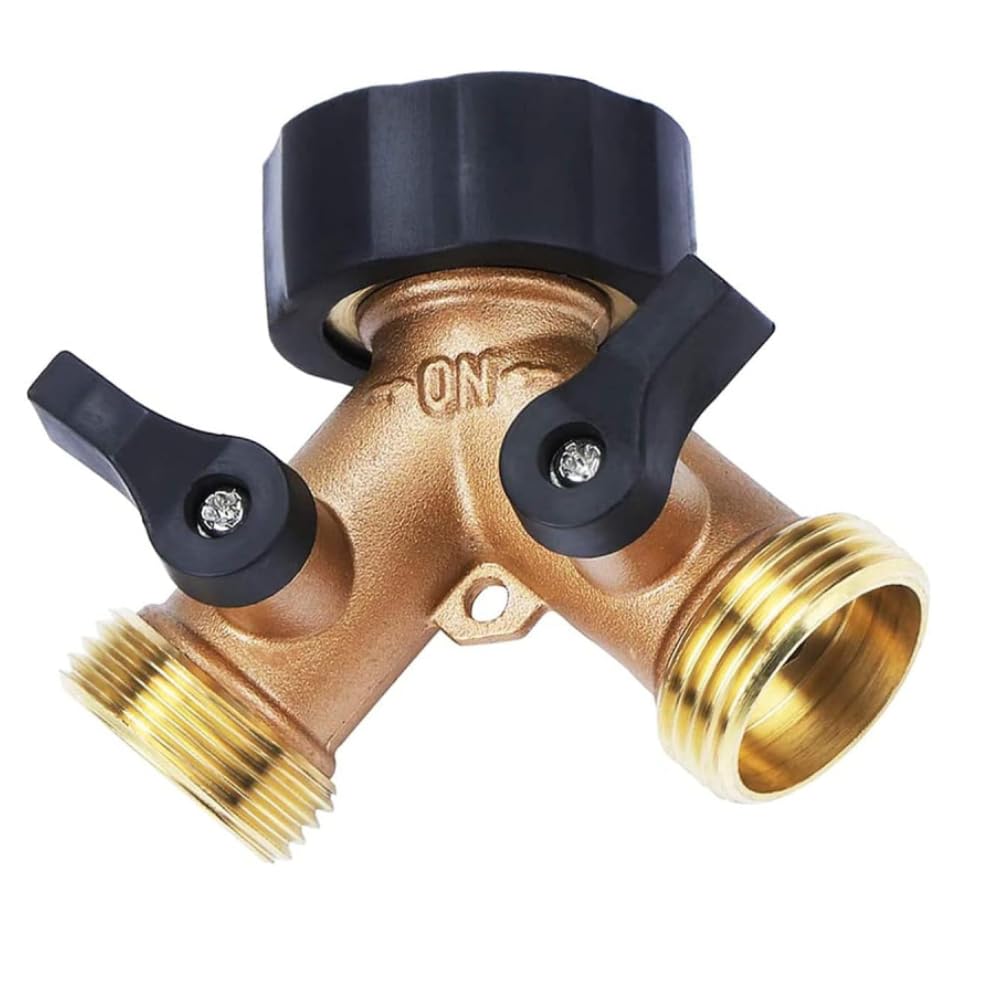 Uadme 2 Way Garden Hose Splitter, Y Tap Brass Diverter with Individual On/Off and Two 3/4 in Quick Connector, Multi-Tap Connector for Outdoor, Courtyard, Lawn, Kitchen
