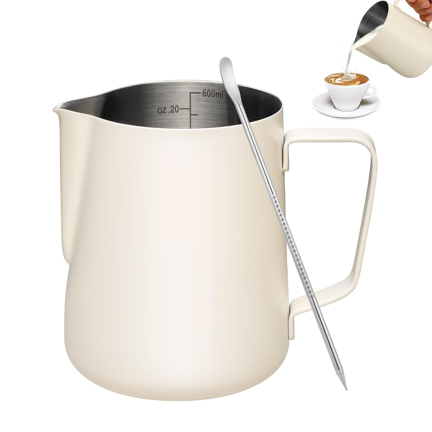 Milk Frothing Pitcher 20oz/600ml, Stainless Steel Espresso Steaming Pitcher Milk Jug, Perfect for Milk, Cream, Water, Juices, Smoothies (White 600ML)