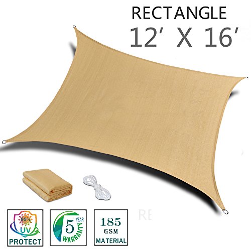 SUNNY GUARD 12′ x 16′ Sand Rectangle Sun Shade Sail UV Block for Outdoor Patio Garden