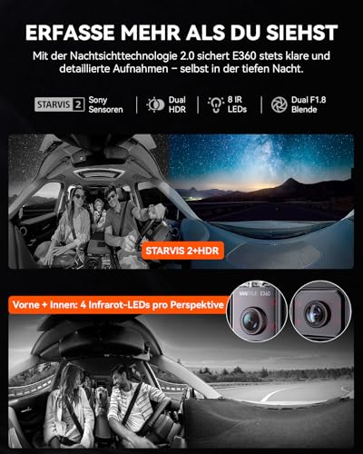 VANTRUE E360 ACE 5.2K Panorama + 1944P Dashcam with Dual STARVIS 2 HDR Night Vision, 3 Channel 360° Dash Cam with Portable Carrying Stand, Voice Controlled Car Camera, App