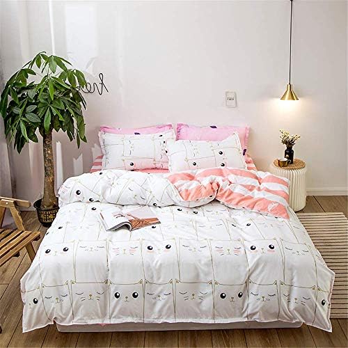 羽毛布団カバーセット男の子の女の子のための動物の漫画のプリント寝具セットダブルキングシングルサイズベッド4ピース羽毛布団セット2x枕カバー1xキルトケース1xフラットシート ダブル 0x0cm 白猫 Innhs Edu Ph