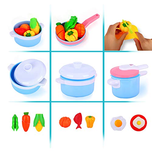 Auney Kids Kitchen Pretend Play Accessories Toys, Cooking Set, Pots and Pans, Cookware Playset, Healthy Cutting Vegetables, Knife, Utensils, Learning Gift for 2, 3, 4 Years Old Girls, Boys, Toddlers