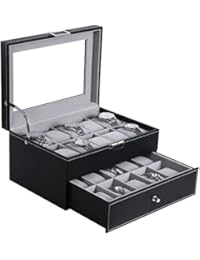 BEWISHOME Watch Box Organizer 20 Men Display Storage Case Metal Hinge Black PU Leather Glass Top Large Holder SSH04B