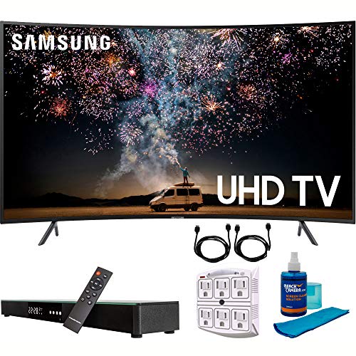 Samsung UN65RU7300 65″ RU7300 HDR 4K UHD Smart Curved LED TV (2019 Model) with Home Theater Surround Sound 31″ Soundbar Bundle Includes Screen Cleaner + 6-Outlet Surge Adapter + 2X HDMI Cable Black