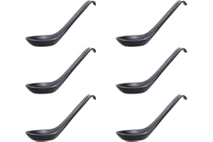 UPKOCH 6pcs Japanese Melamine Soup Spoons with Hook, Black - Chinese Japanese Noodle Tableware for Ramen, Pho, and Won Ton