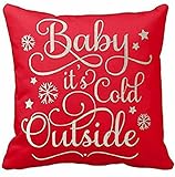 Cotton Linen Square Decorative Throw Pillow Case Cushion Cover Baby It's Cold Outside Red Background Holiday Merry Christmas Gift 18 