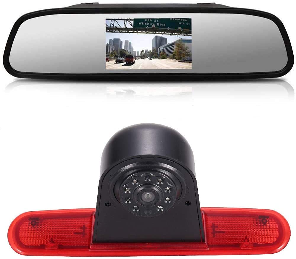 〔12mm Lens CMOS Camera + 4.3'' Rearview Mirror〕Car HD waterproof 3rd Brake Light Reverse Camera Kit for Fiat Doblo 263 van (2010-Present)/Opel Combo(2011-2018)