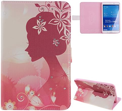 Samsung Galaxy Tab 4 8.0 Case,UZZO Girl's Cute Flower Bling Diamond Rhinestone Studded PU Leather Folio Case Protective Book Style Flip Cover Bling Case with Stand For Samsung Galaxy Tab 4 8.0 SM-T330