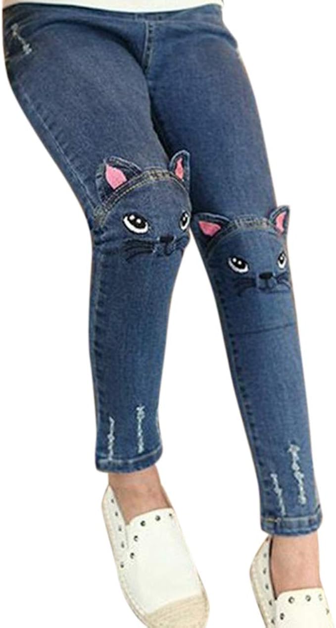 elegantstunning Girl Embroidered Kitten Cute Pattern Cat Jeans Fashion