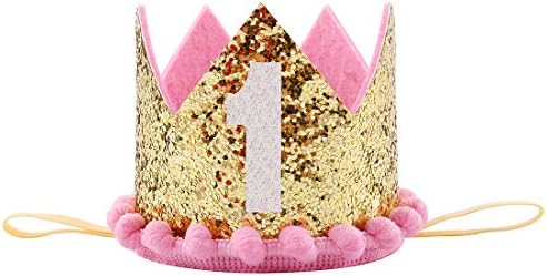 Besker 1st Birthday Crown Baby Girl First Birthday Tiara Headband Hat Hairband Cake Smash Gold