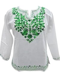 Womens Top White Tunic Hand Embroidered Boho Blouse Shirt M