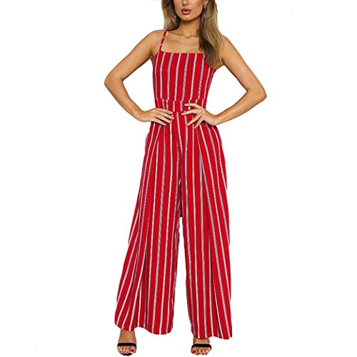 Summer Long Rompers,Women Sexy Backless Bowknot Sling Jumpsuits Striped Loose Wide Leg Playsuits (L, Red)