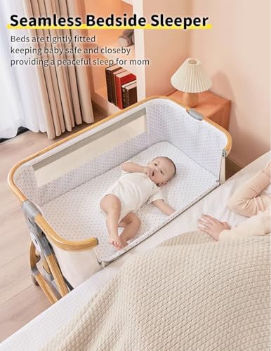 Baby Bassinet, Bedside Bassinet for Baby, 4 in 1 Portable Bedside Sleeper with Wheels Mosquito Net & Storage Basket, 6 Height Adjustable Rocking Bassinet for Newborn Baby