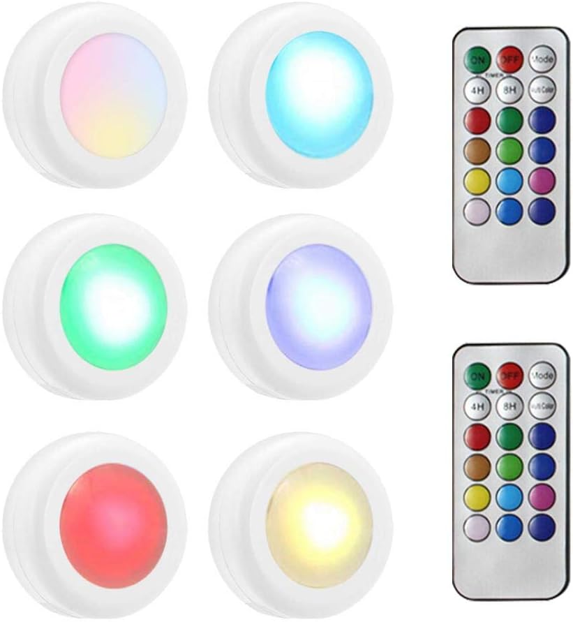 Volwco Wireless LED Puck Lights, RGB Colour Changing Under Cabinet Lighting With Remote Control, Battery Powered Dimmable Closet Lights For Kitchen, Wardrobe, Bookshelf, Basement, Bar - 6 Pack