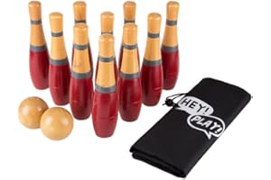 HEY! PLAY! Wooden Lawn Bowling - Adults and Kids Bowling Set with 10 Pins, 2 Balls, Carry Bag - Indoor and Outdoor Games - Skittle Yard Games (Red)