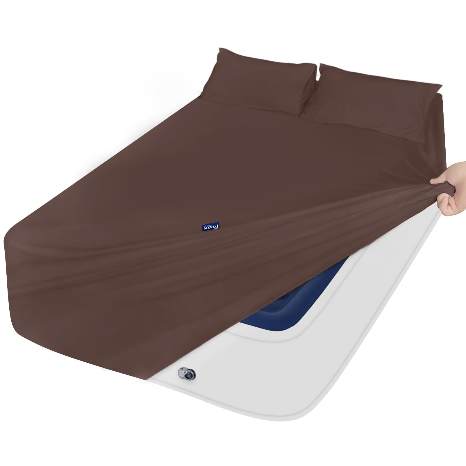 California King Sheet Sets for Air Mattress - Extra Deep Pocket Cal King Sheet Set - 3Pcs Side Storage Pocket Fitted Sheet & Pillowcases Easily Fits 16in to 24in Pillow Top Air Bed Mattress - Brown