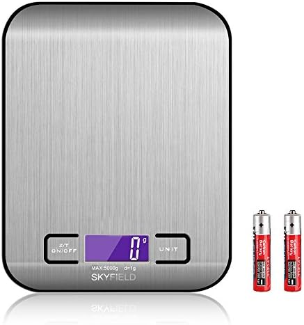 Food Scale, Premium Stainless Steel Multifunction Digital kitchen scale, High Precision Sensors with Capacity 11lb/5kg, 0.01oz/1g division, Silver (Batteries Included)
