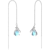 LELOUCHY 925 Sterling Silver Moonstone Long Chain Earrings Hummingbird/Cat/Clover with June Birthstone Threader Earrings for Women